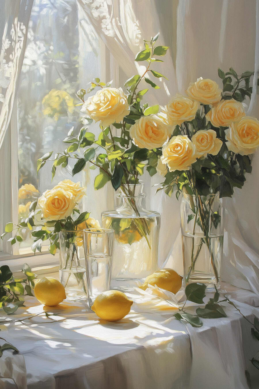 Fleurs jaunes dans des vases avec des citrons