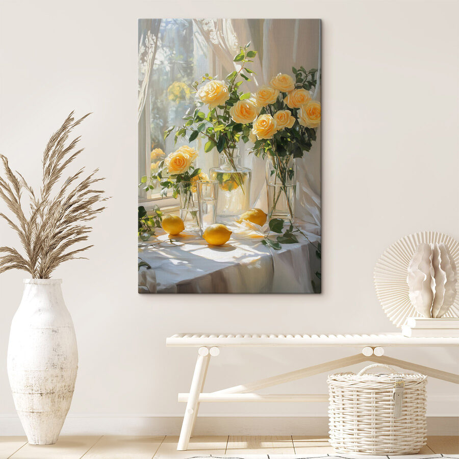 Fleurs jaunes dans des vases avec des citrons