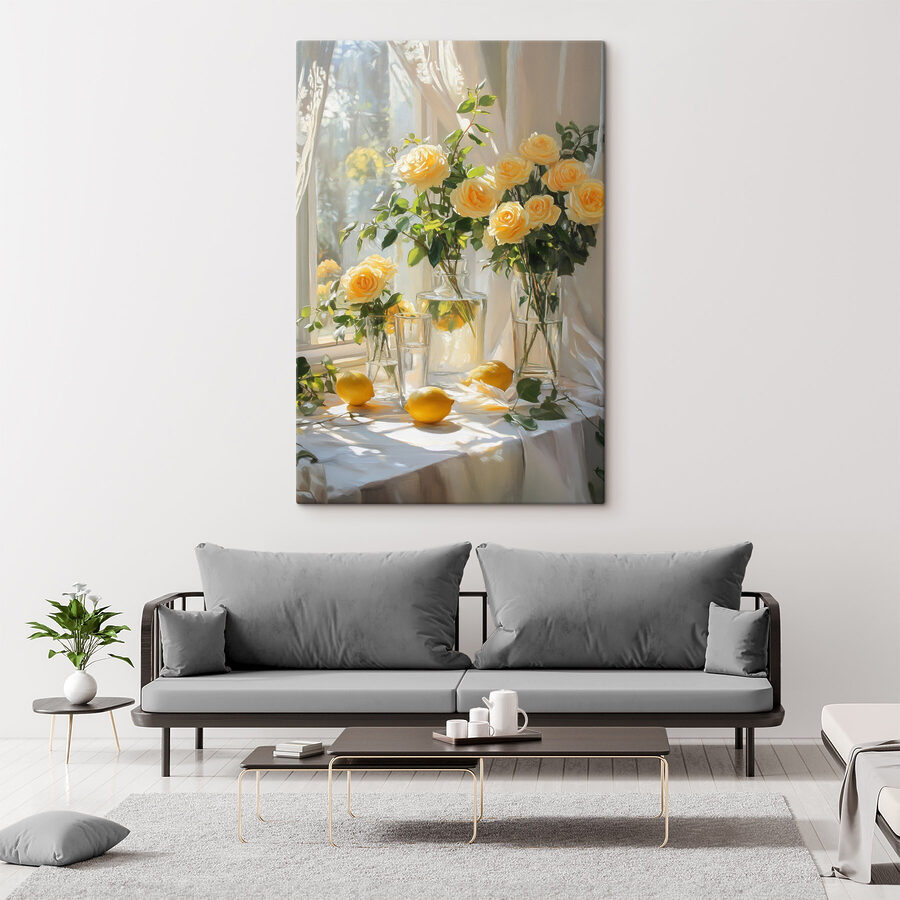 Fleurs jaunes dans des vases avec des citrons