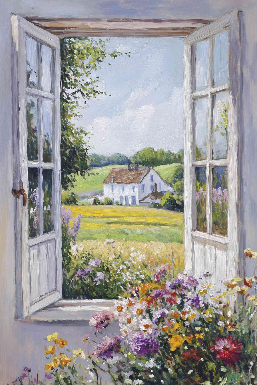 Peinture d'une maison vue à travers une fenêtre Peinture d'une maison vue à travers une fenêtre