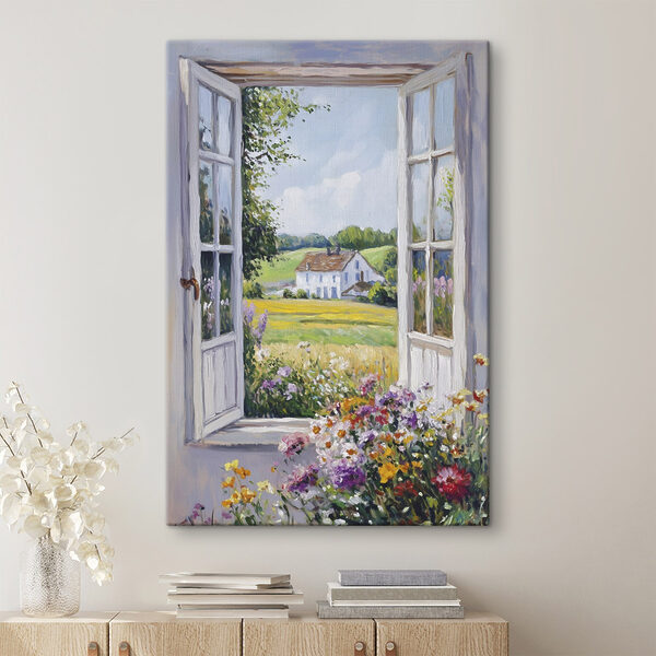 Peinture d'une maison vue à travers une fenêtre Peinture d'une maison vue à travers une fenêtre