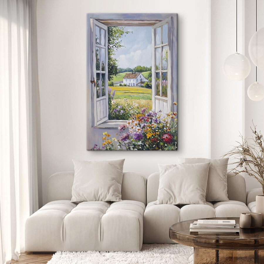 Peinture d'une maison vue à travers une fenêtre Peinture d'une maison vue à travers une fenêtre