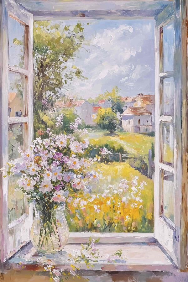 Peinture d'une fenêtre avec des fleurs Peinture d'une fenêtre avec des fleurs