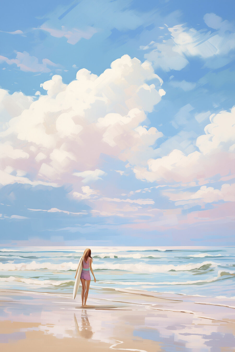 Tableaux Fille tenant une planche de surf sur une plage – Image 7