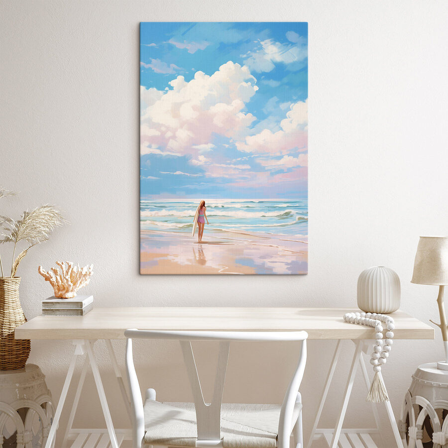 Tableaux Fille tenant une planche de surf sur une plage