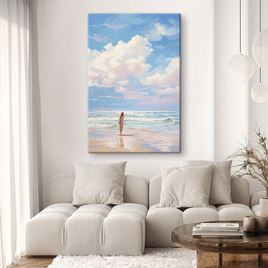 Tableaux Fille tenant une planche de surf sur une plage – Image 2
