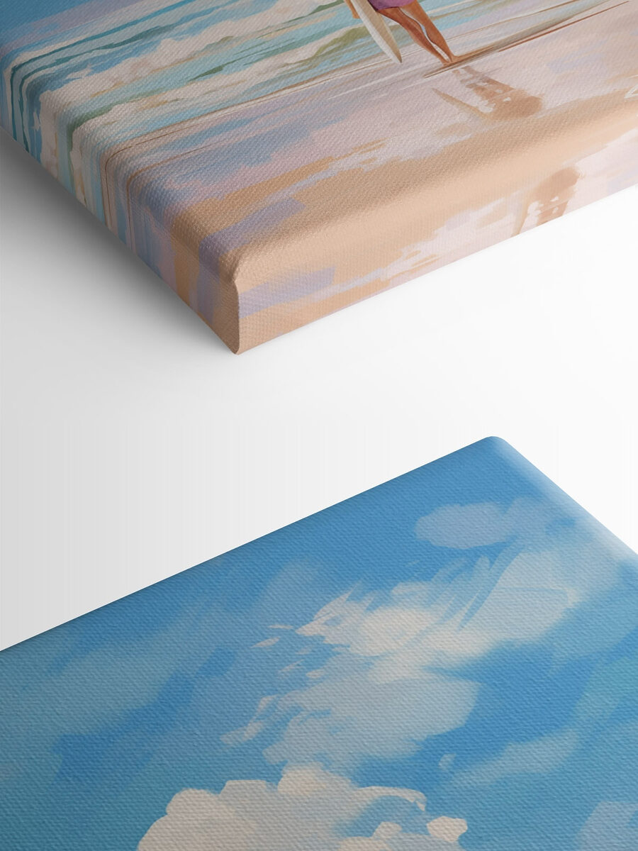Tableaux Fille tenant une planche de surf sur une plage – Image 3