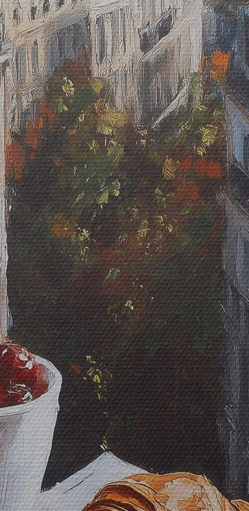 Cup of coffee and croissants on a table with buildings in the background