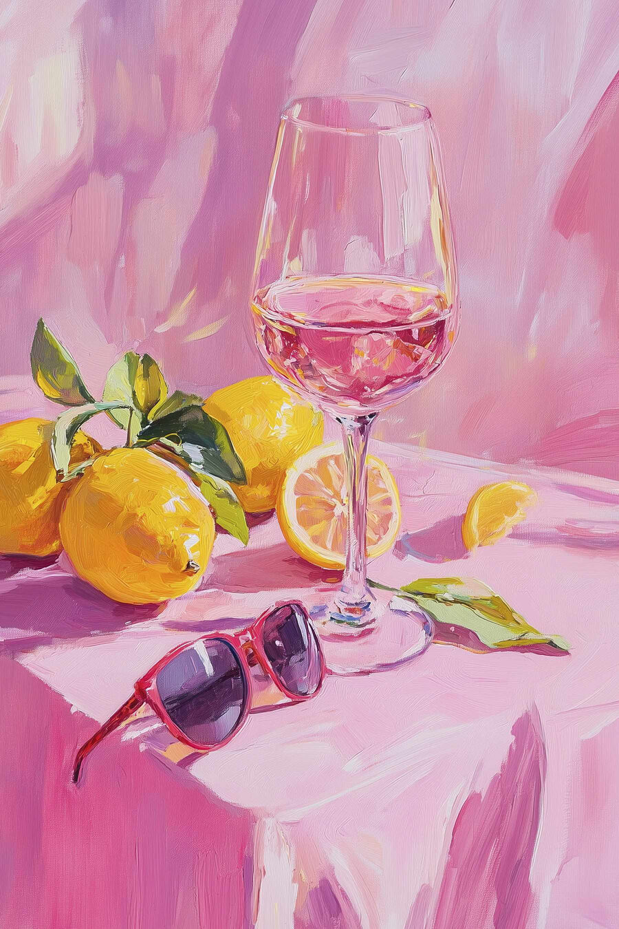 Verre de vin à côté de citrons et de lunettes de soleil