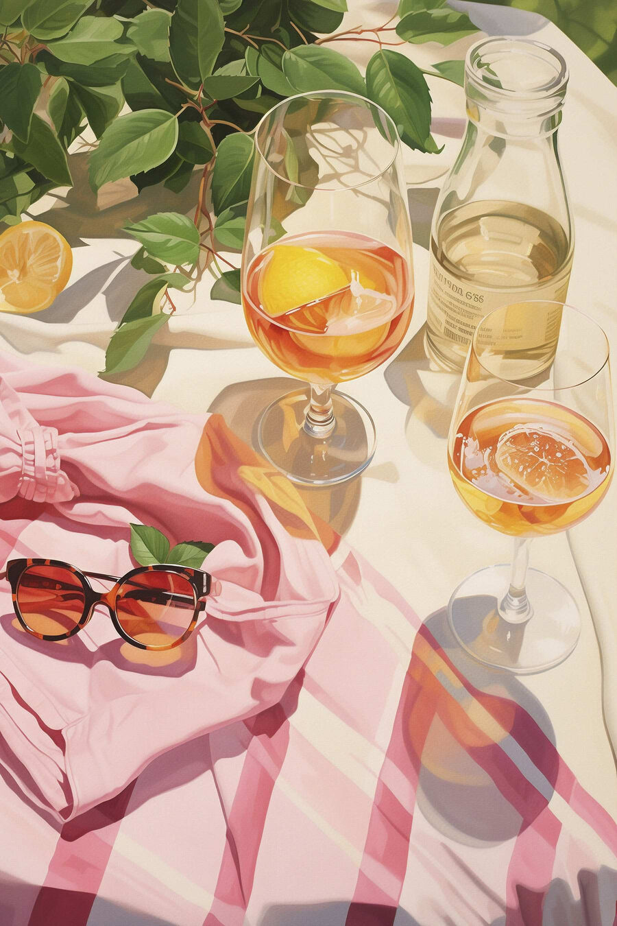 Groupe de verres de vin et de lunettes de soleil sur une couverture Groupe de verres de vin et de lunettes de soleil sur une couverture