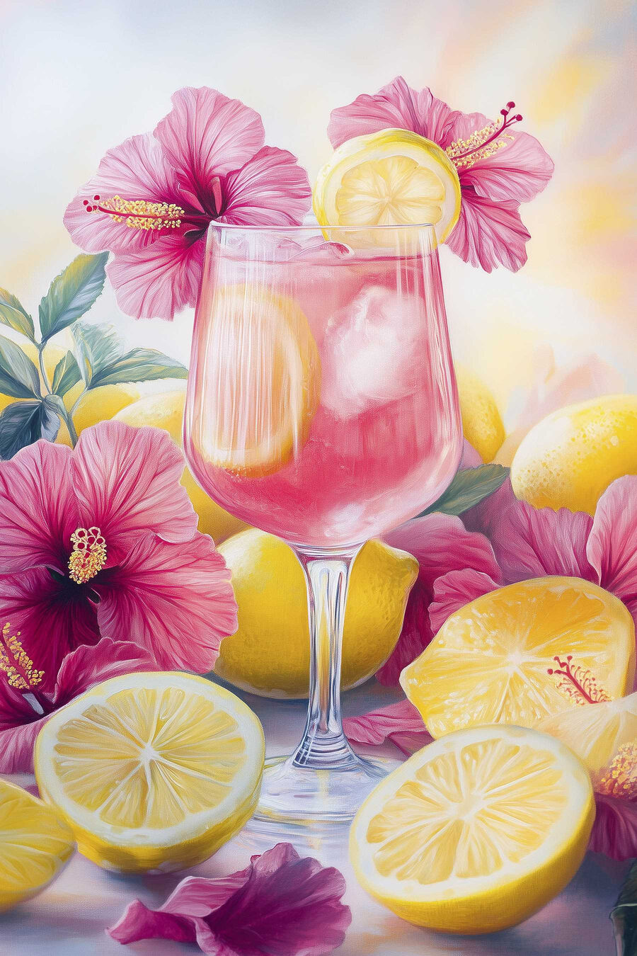 Verre de boisson rose avec citrons et fleurs