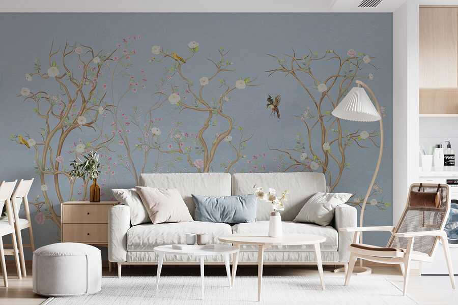 Peinture murale d'un arbre avec des fleurs et des oiseaux Peinture murale d'un arbre avec des fleurs et des oiseaux