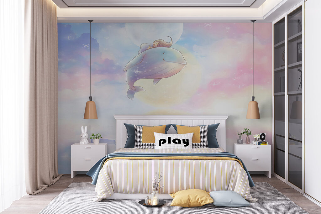 Cartoon of a girl riding a whale