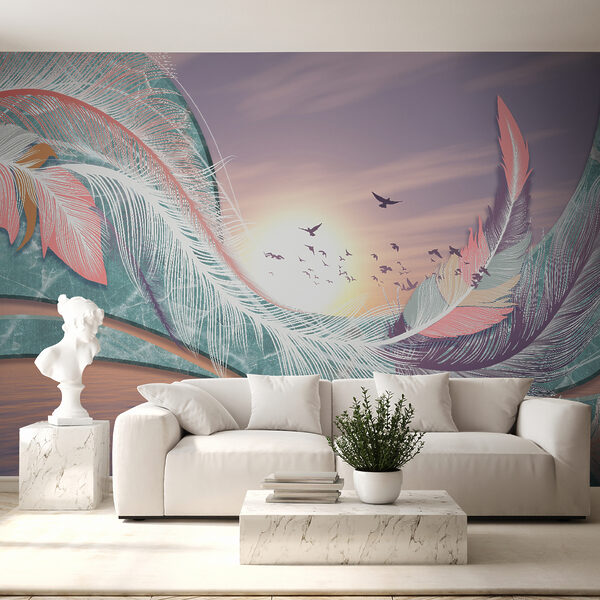 Plumes colorées et oiseaux volant au-dessus de l'eau Plumes colorées et oiseaux volant au-dessus de l'eau