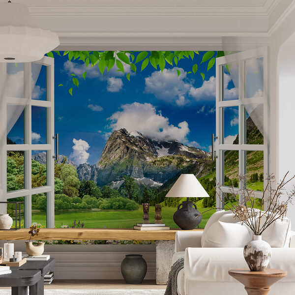 Fenêtre avec vue sur une chaîne de montagnes et des arbres Fenêtre avec vue sur une chaîne de montagnes et des arbres