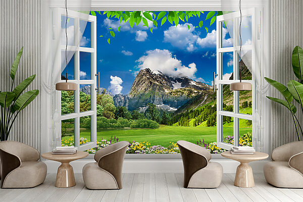 Fenêtre avec vue sur une chaîne de montagnes et des arbres Fenêtre avec vue sur une chaîne de montagnes et des arbres