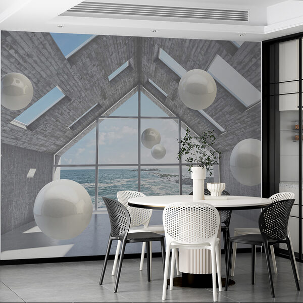 Salle avec des boules blanches flottant dans l'air u01055pik6ms 600x600 - Salle avec des boules blanches flottant dans l'air
