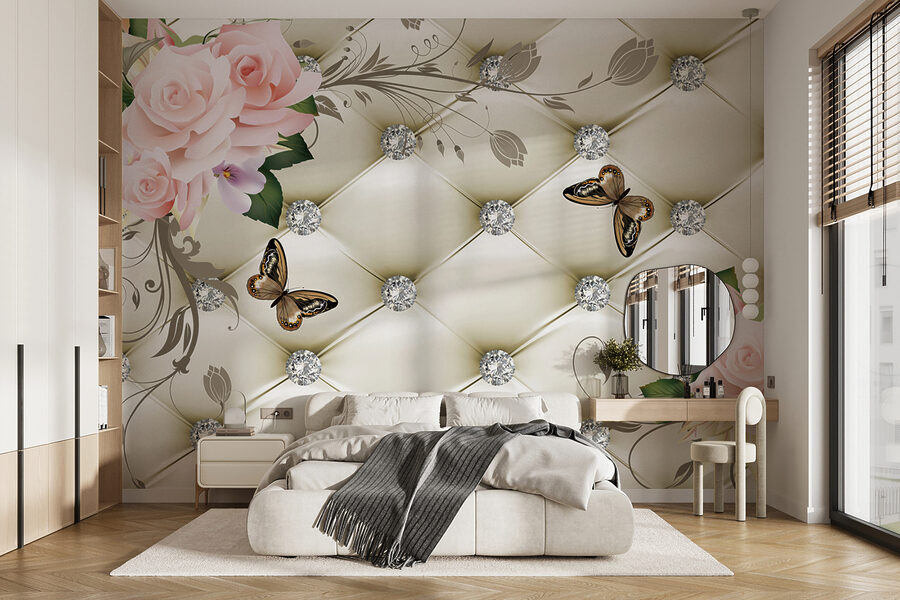 Papier peint avec des fleurs et des papillons