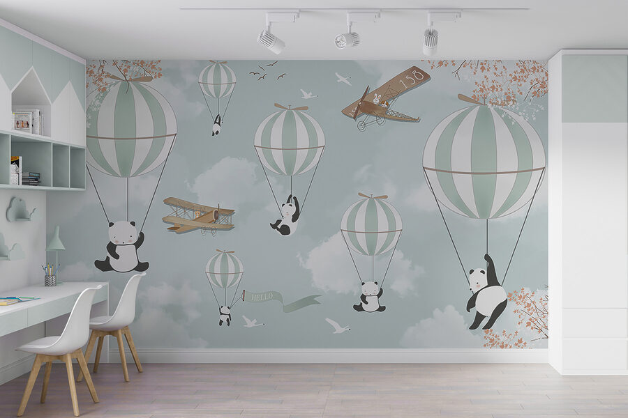 Pandas et montgolfières dans le ciel