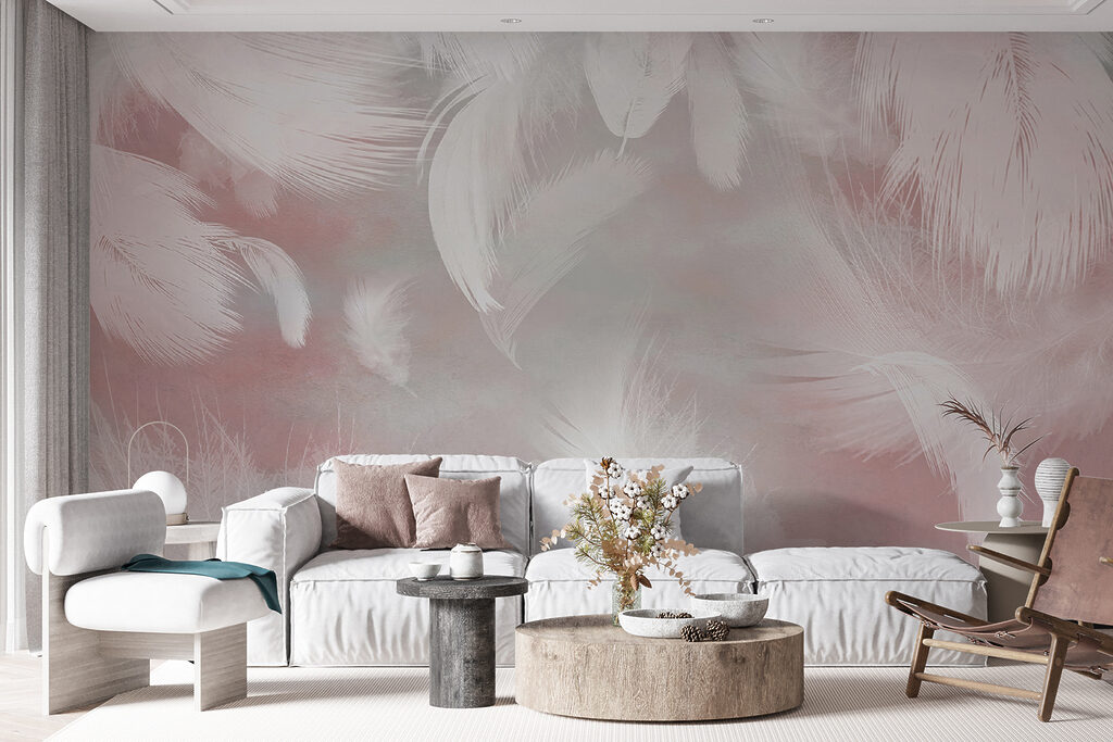 White feathers on a pink background White feathers on a pink background