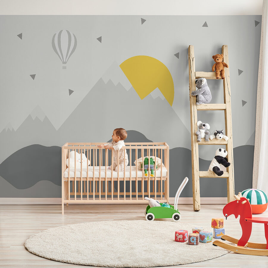 Papier peint Paysage de montagne avec une montgolfière et un soleil – Image 2