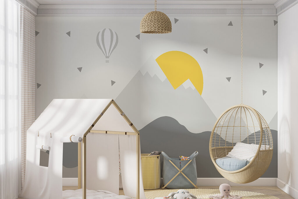 Mountain landscape with a hot air balloon and a sun Mountain landscape with a hot air balloon and a sun