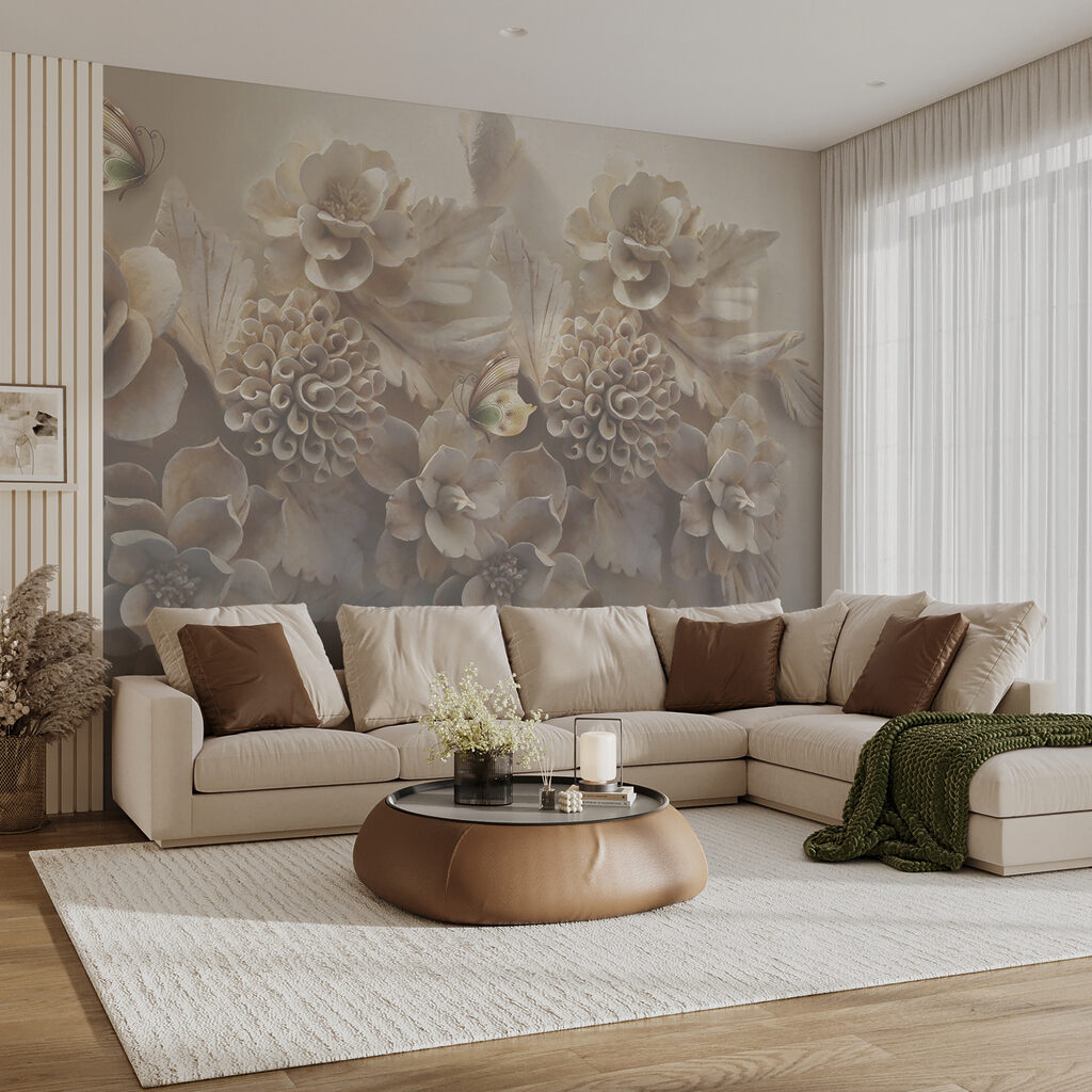 Group of white flowers and butterflies