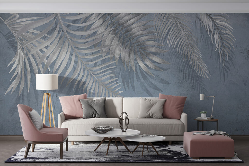 Blue background with silver leaves