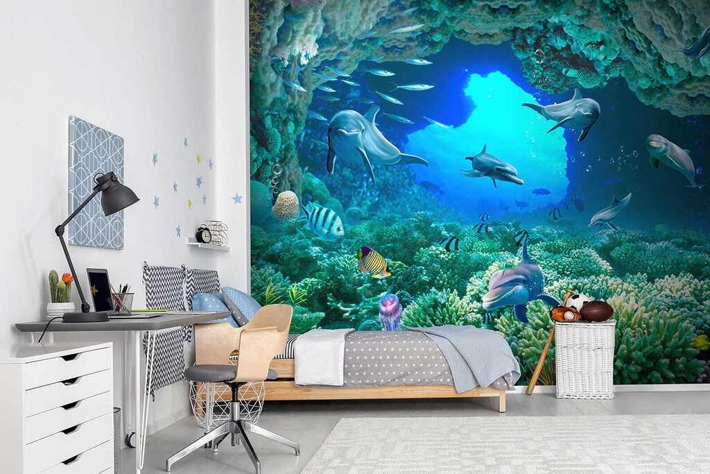 Group of dolphins and fish under water Group of dolphins and fish under water