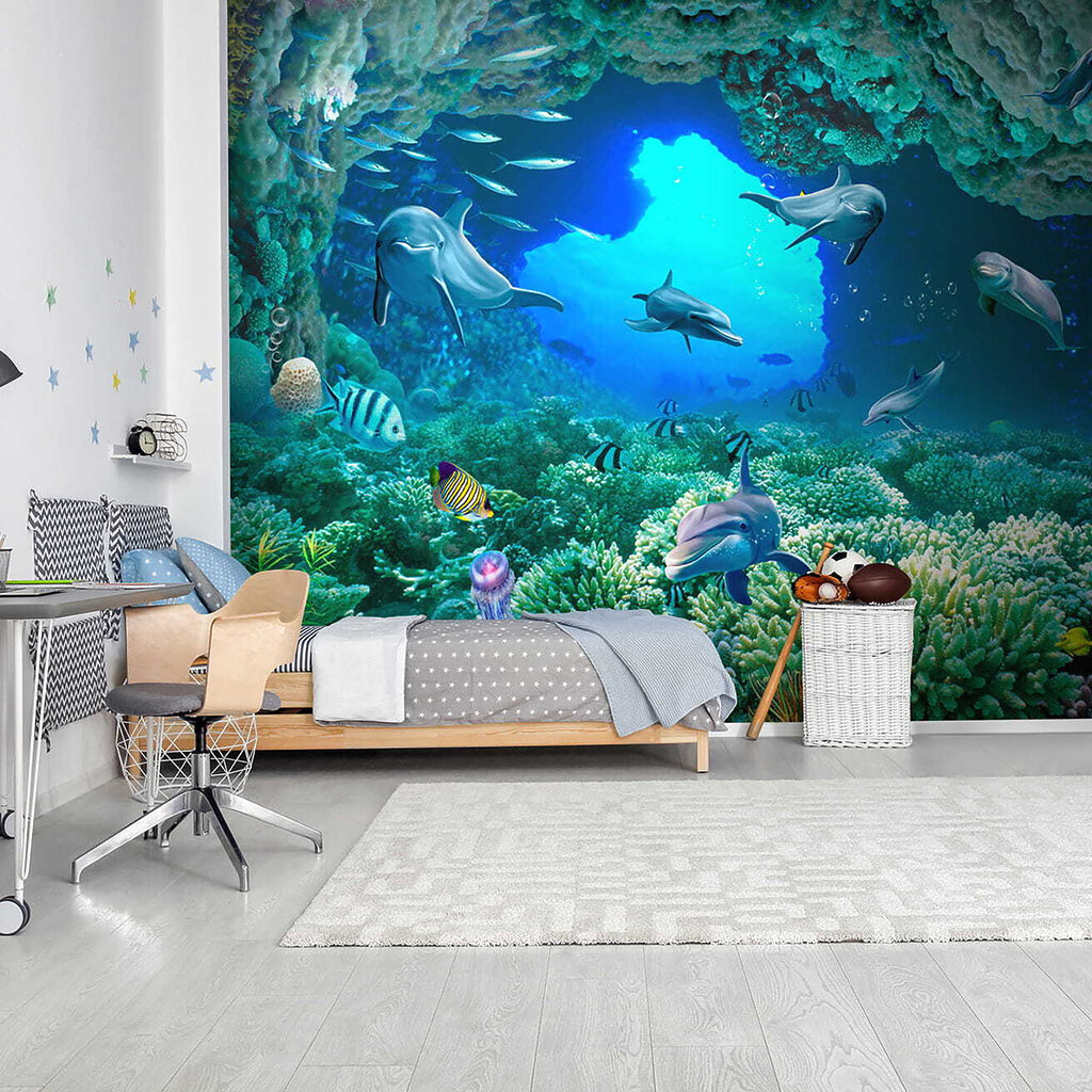 Group of dolphins and fish under water Group of dolphins and fish under water