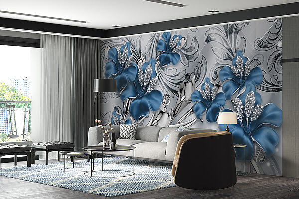 Fleurs argentées et bleues sur fond argenté et noir Fleurs argentées et bleues sur fond argenté et noir