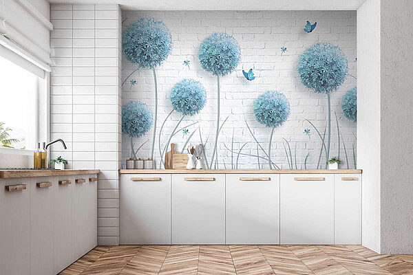 Papier peint avec des fleurs bleues et des papillons Papier peint avec des fleurs bleues et des papillons