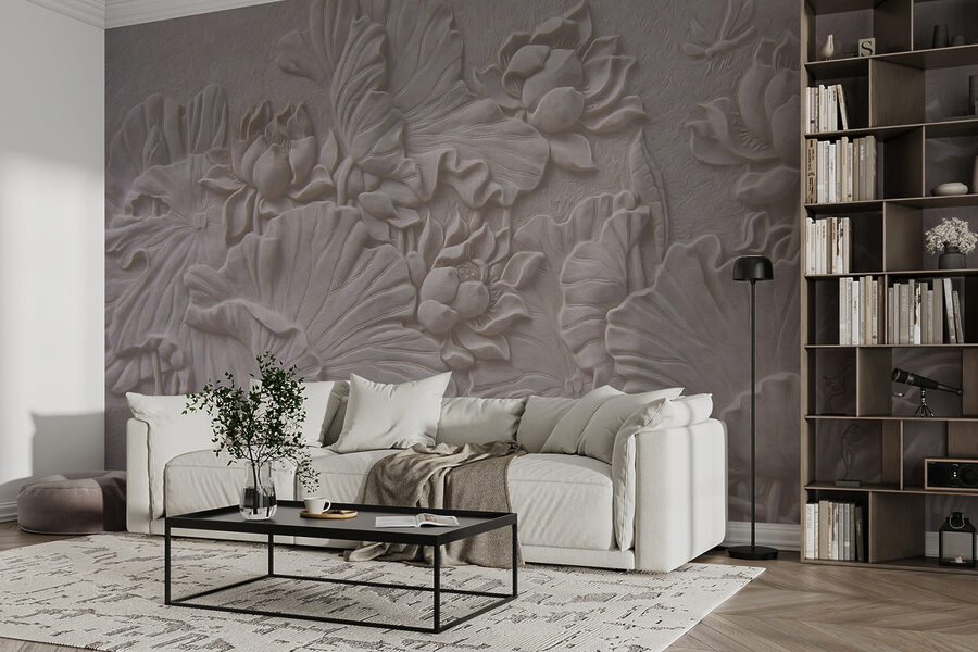 Papier peint Élégant motif floral en relief de couleur beige. – Image 2