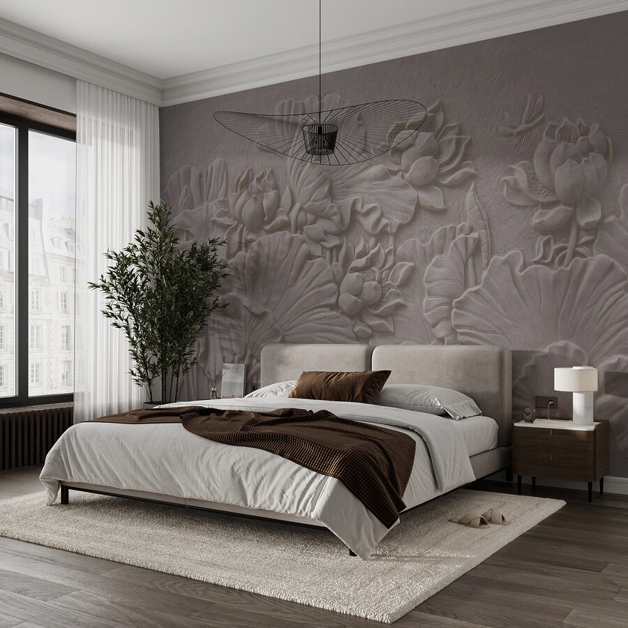 Papier peint Élégant motif floral en relief de couleur beige. – Image 3
