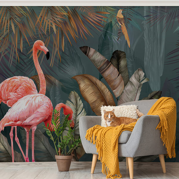 Flamants roses et oiseau dans une forêt Flamants roses et oiseau dans une forêt