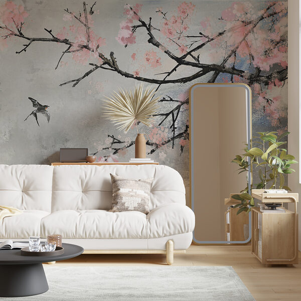 Branche d'arbre avec fleurs roses et oiseaux en vol Branche d'arbre avec fleurs roses et oiseaux en vol