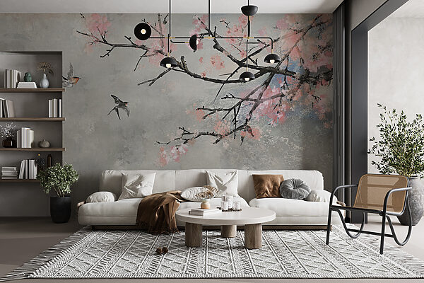 Branche d'arbre avec fleurs roses et oiseaux en vol Branche d'arbre avec fleurs roses et oiseaux en vol