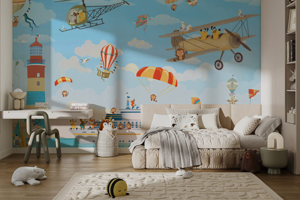 Cartoon animals flying over a boat