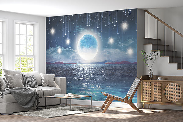 Lune sur l'eau avec des étoiles et des nuages Lune sur l'eau avec des étoiles et des nuages