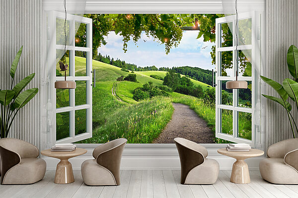Window with open doors and a path through a grassy field