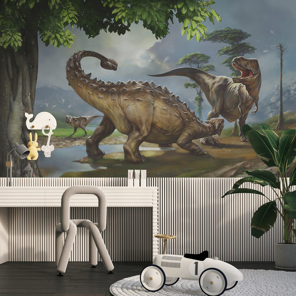 Painting of dinosaurs near a river Painting of dinosaurs near a river