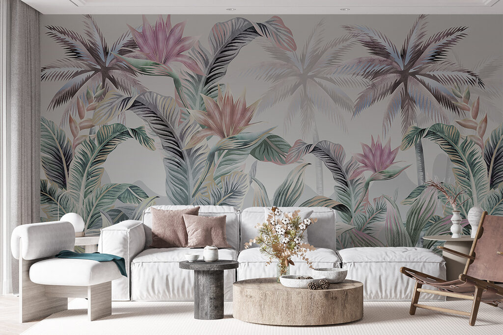 Wallpaper with palm trees and flowers Wallpaper with palm trees and flowers