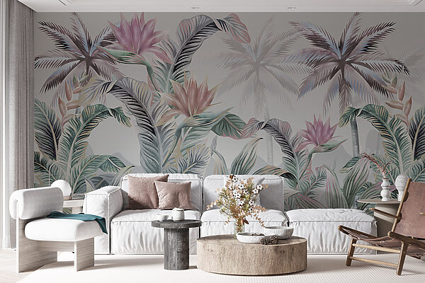Papier peint avec des palmiers et des fleurs Papier peint avec des palmiers et des fleurs