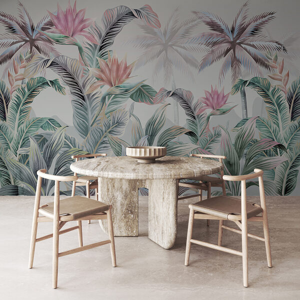 Papier peint avec des palmiers et des fleurs Papier peint avec des palmiers et des fleurs