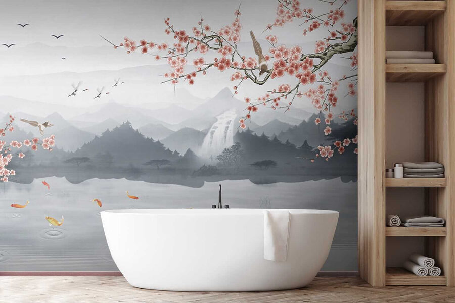 Peinture d'une rivière avec une cascade et des oiseaux