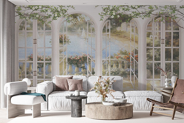 Peinture murale d'un jardin avec vue sur un balcon Peinture murale d'un jardin avec vue sur un balcon
