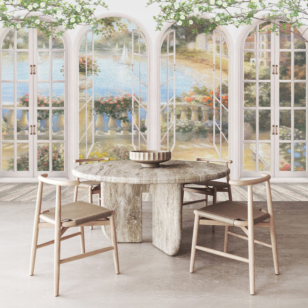 Wall mural of a garden with a view of a balcony Wall mural of a garden with a view of a balcony