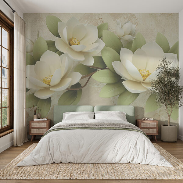 Group of white flowers with green leaves Group of white flowers with green leaves