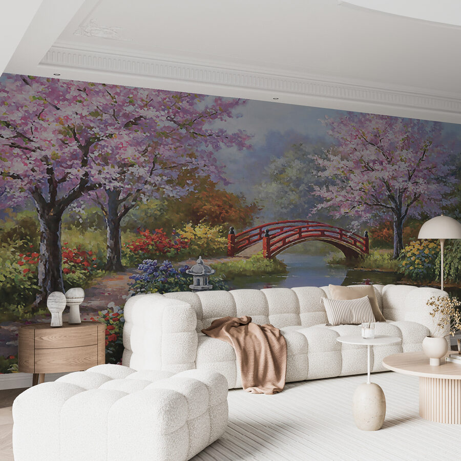 Peinture d'un étang avec un pont et des fleurs