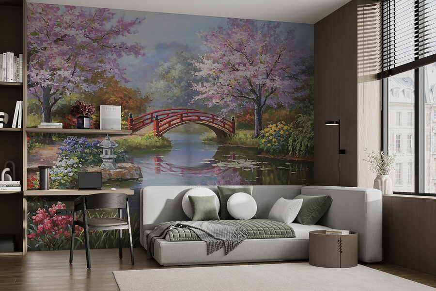 Peinture d'un étang avec un pont et des fleurs